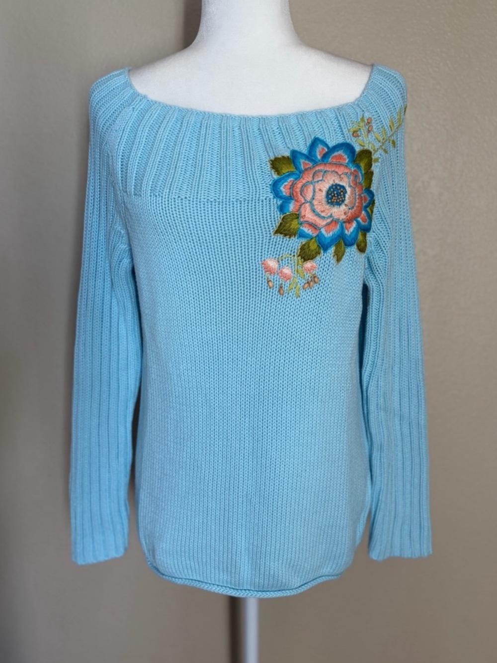 J Jill Blue 100% Cotton Floral Embroidered Boat Neck Sweater M